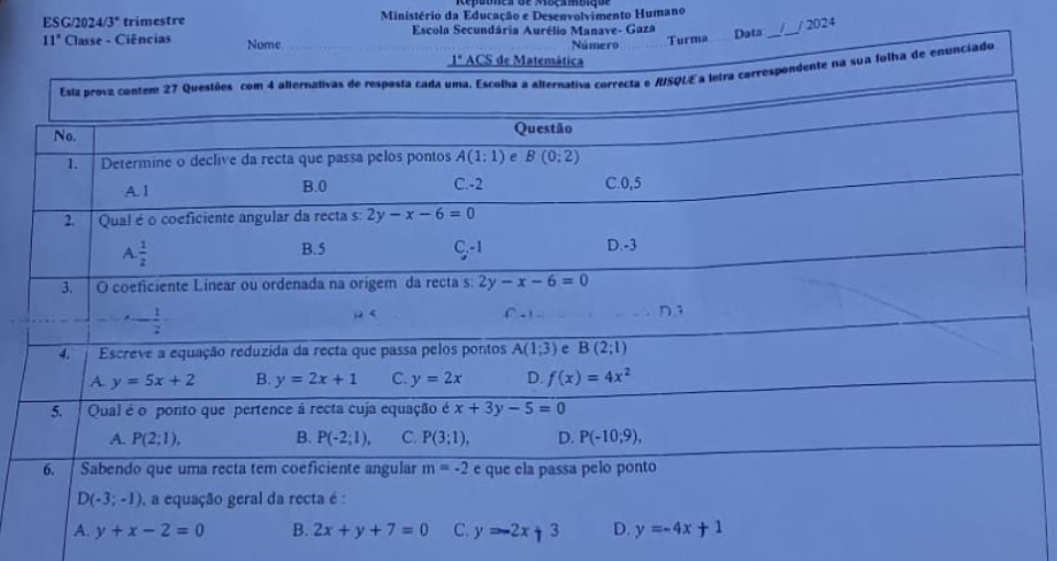 1ª ACS de Matemática 11ª Classe 2024 III Trimestre