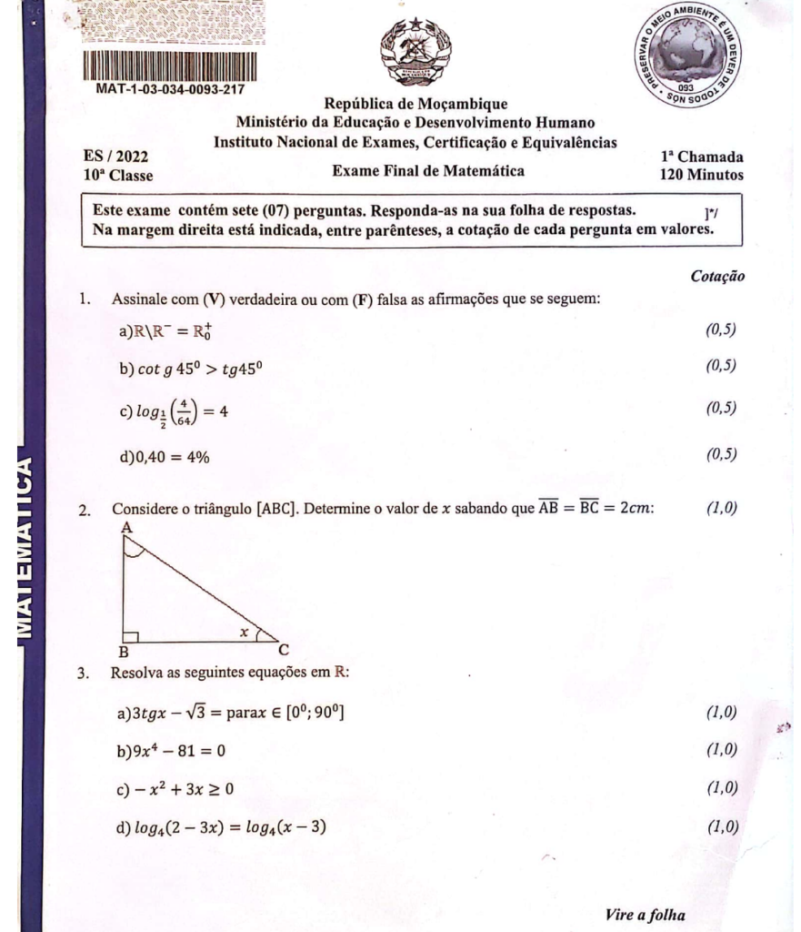 Exame de Matemática 10ª classe (2022) - 1ª Chamada (1a Parte)