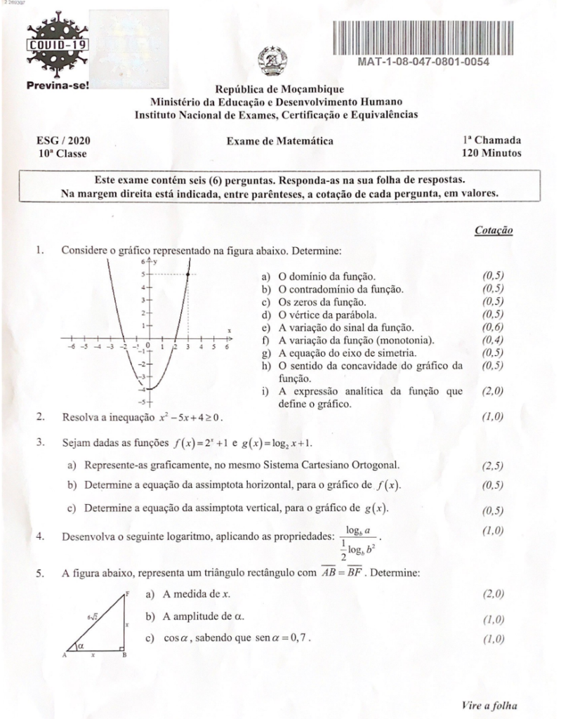 Exame de Matemática 10ª classe (2020) - 1ª Chamada