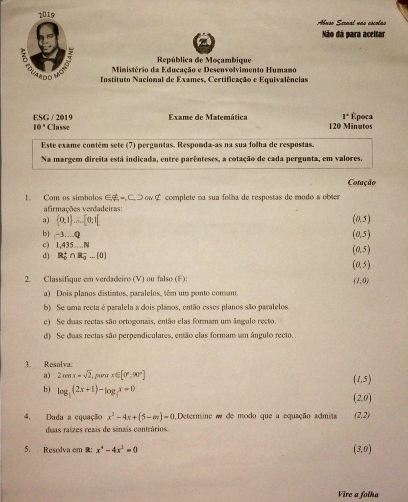 Exame de Matemática 10ª classe (2019) - 1ª Chamada