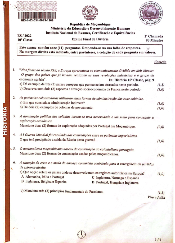 Resolução do Exame de História 10ª classe (2022) - 1ª Chamada 