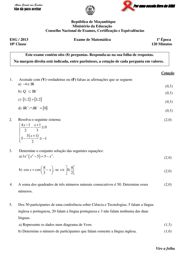 Exame de Matemática 10ª classe (2013) - 1ª Época