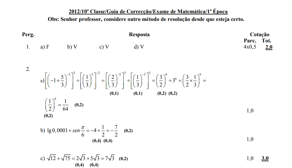 Resolução do Exame de Matemática 10ª classe (2012) - 1ª Época