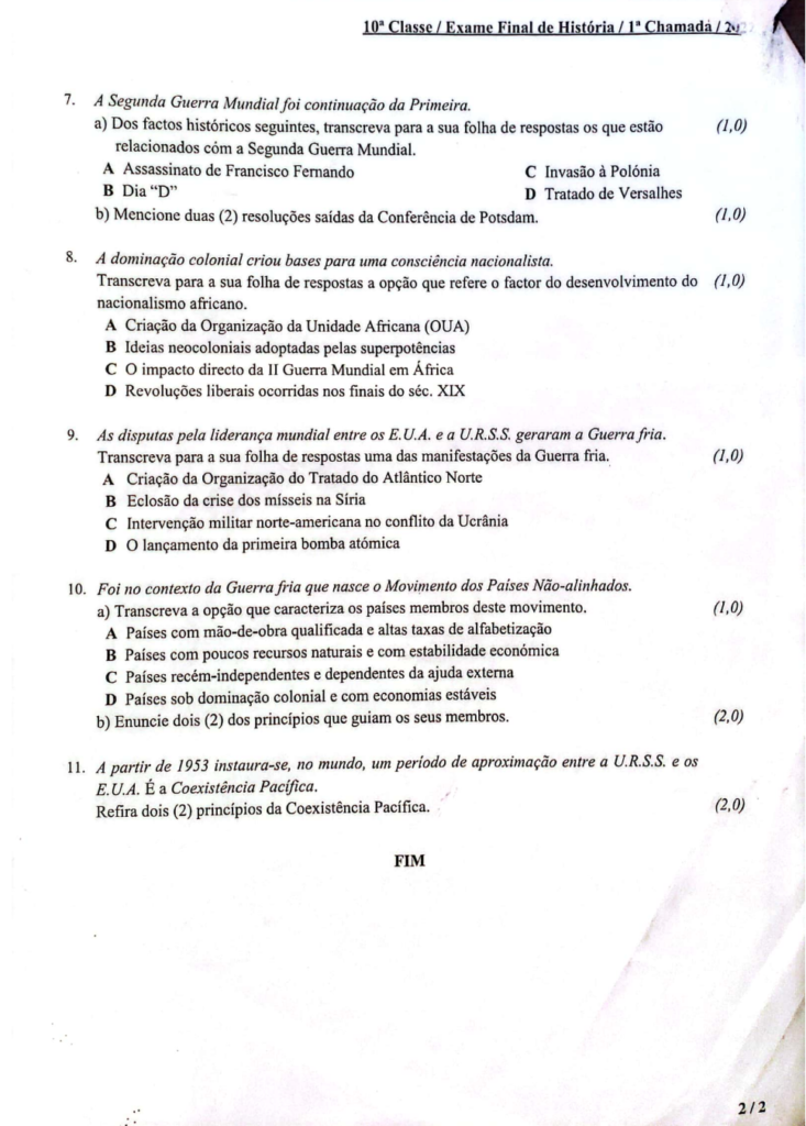 Resolução do Exame de História 10ª classe (2022) - 1ª Chamada 