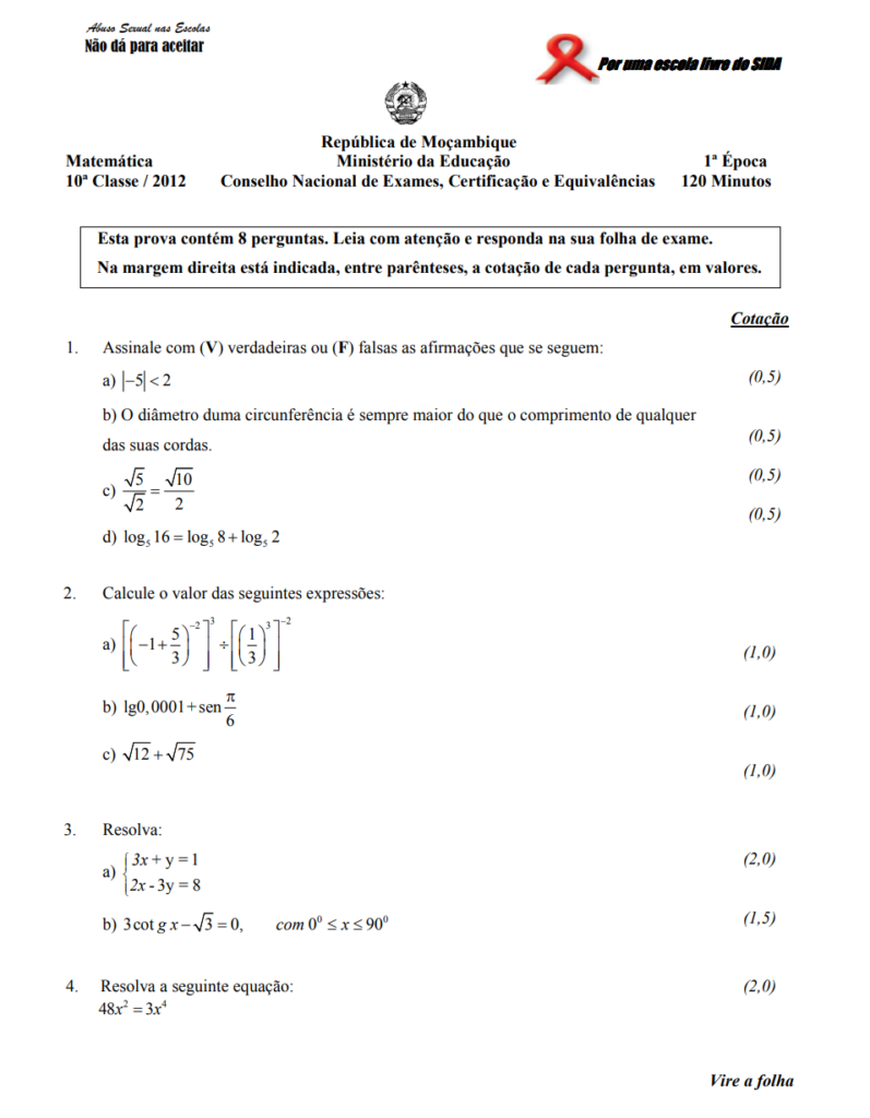 Exame de Matemática 10ª classe (2013) - 1ª Época