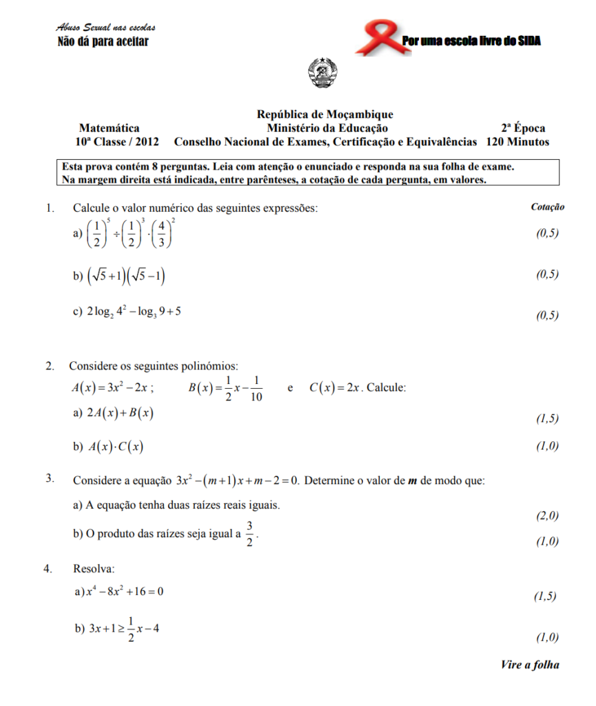 Exame de Matemática 10ª classe (2012) - 2ª Época