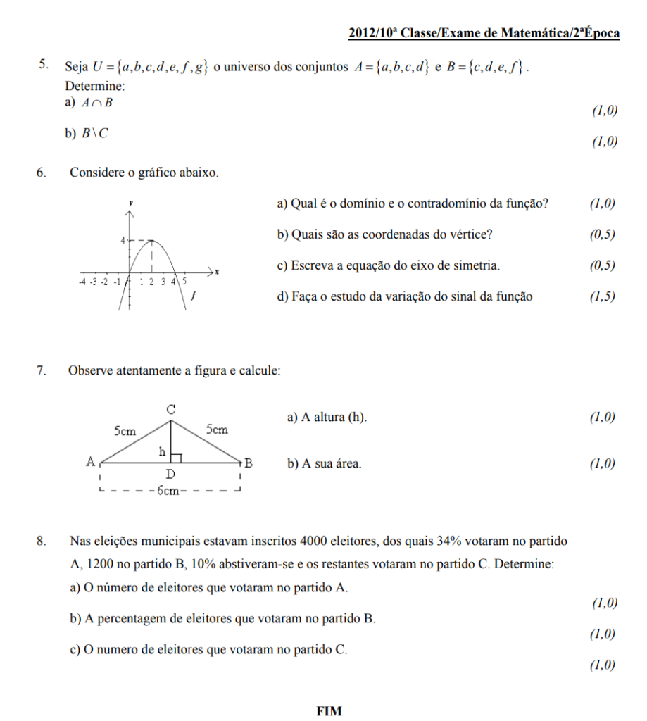 Exame de Matemática 10ª classe (2012) - 2ª Época