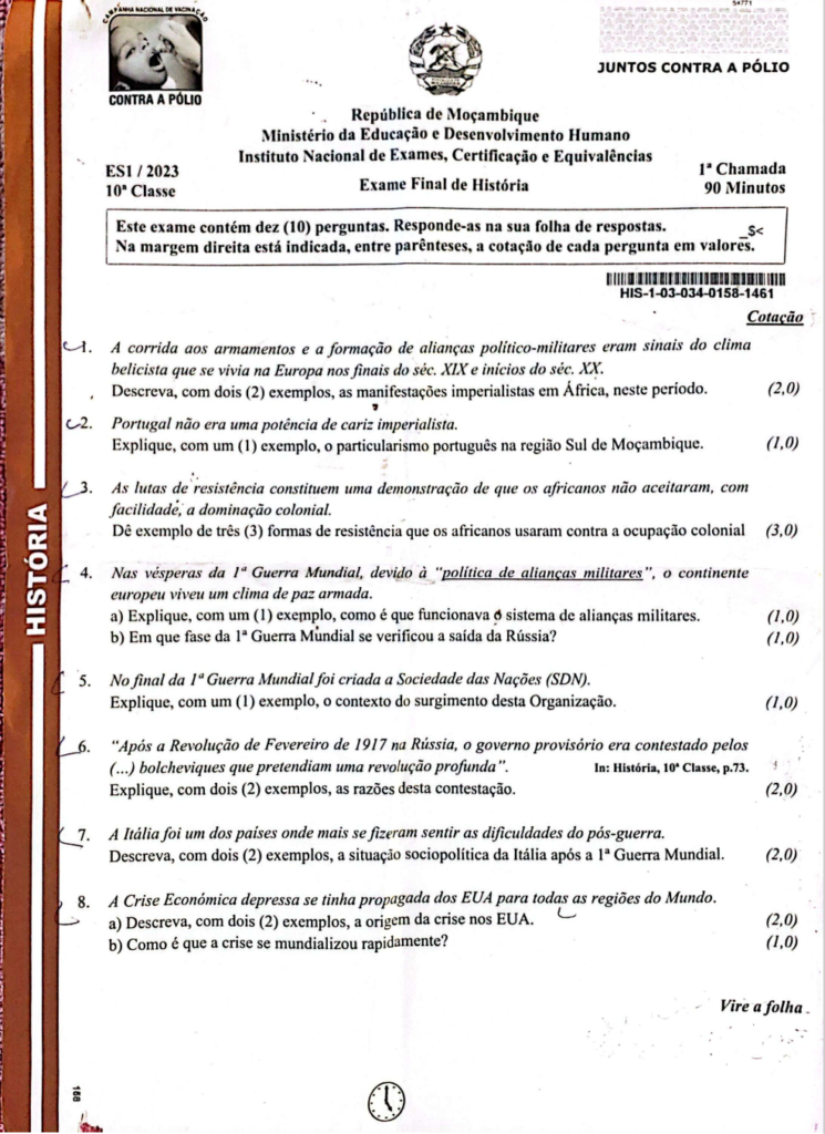 Resolução do Exame de História 10ª classe (2023) - 1ª Chamada