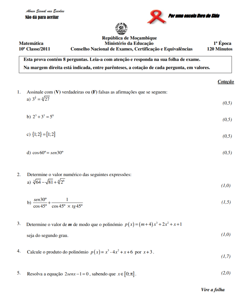 Exame de Matemática 10ª classe (2011) - 1ª Época