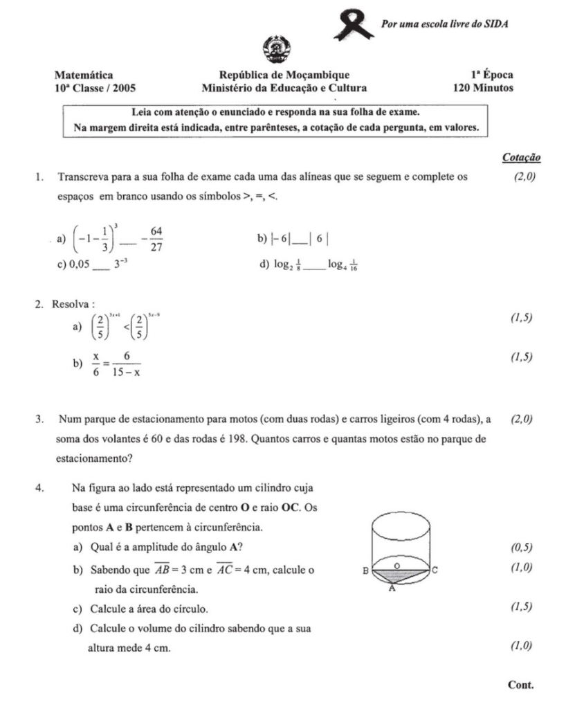 Exame de Matemática 10ª classe (2005) - 1ª Época