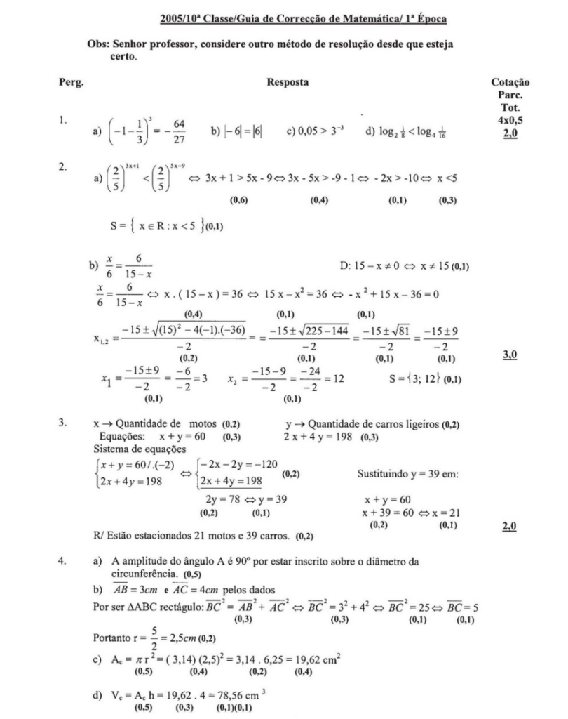 Leitura: Resolução do Exame de Matemática 10ª classe (2005) - 1ª Época