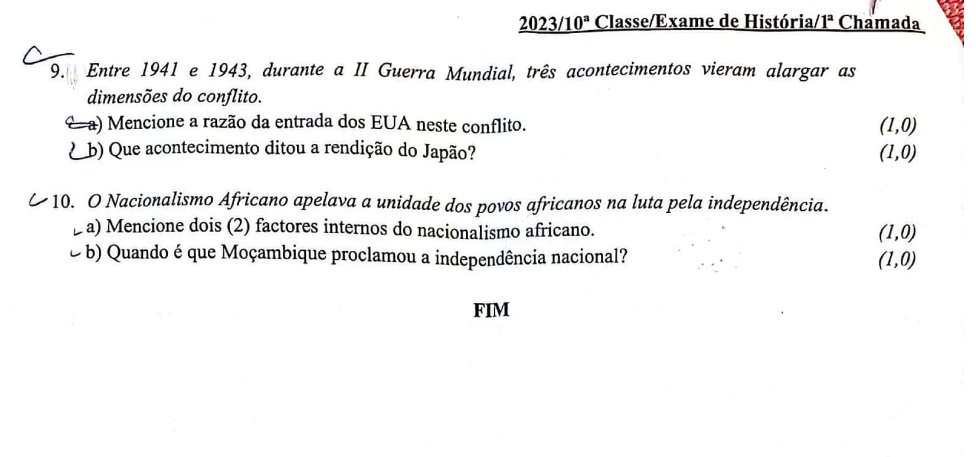 Resolução do Exame de História 10ª classe (2023) - 1ª Chamada