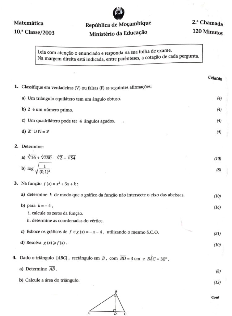 Exame de Matemática 10ª classe (2003) - 1ª Época