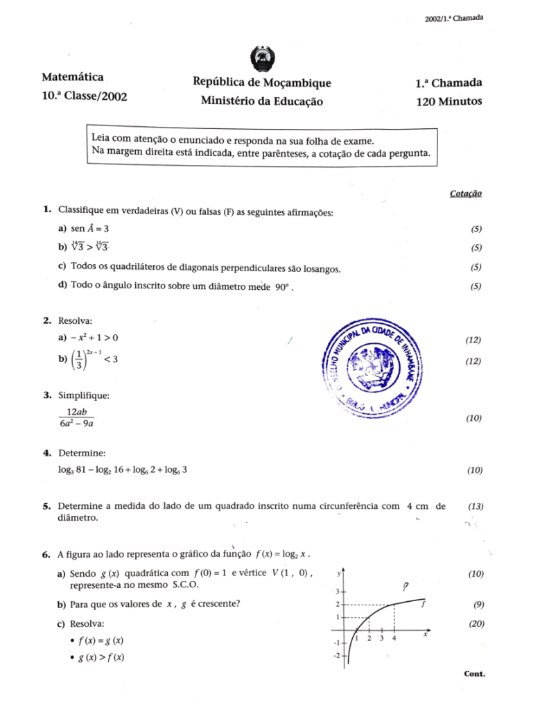 Exame de Matemática 10ª classe (2002) - 1ª Época