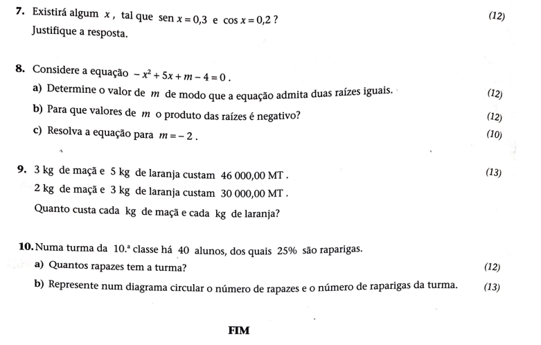 Exame de Matemática 10ª classe (2002) - 1ª Época