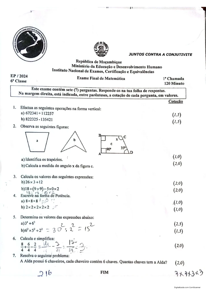 Exame de Matemática 6ª classe (2024) – 1ª Chamada