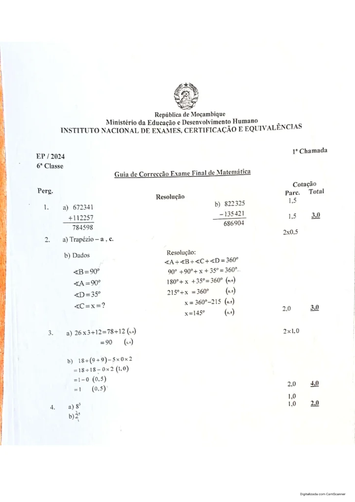 Guião de Correção do Exame de Matemática 6ª classe (2024) – 1ª Chamada