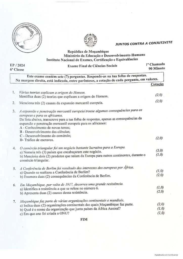 Exercícios do Exame de Ciências Sociais 6ª classe (2024) – 1ª Chamada  