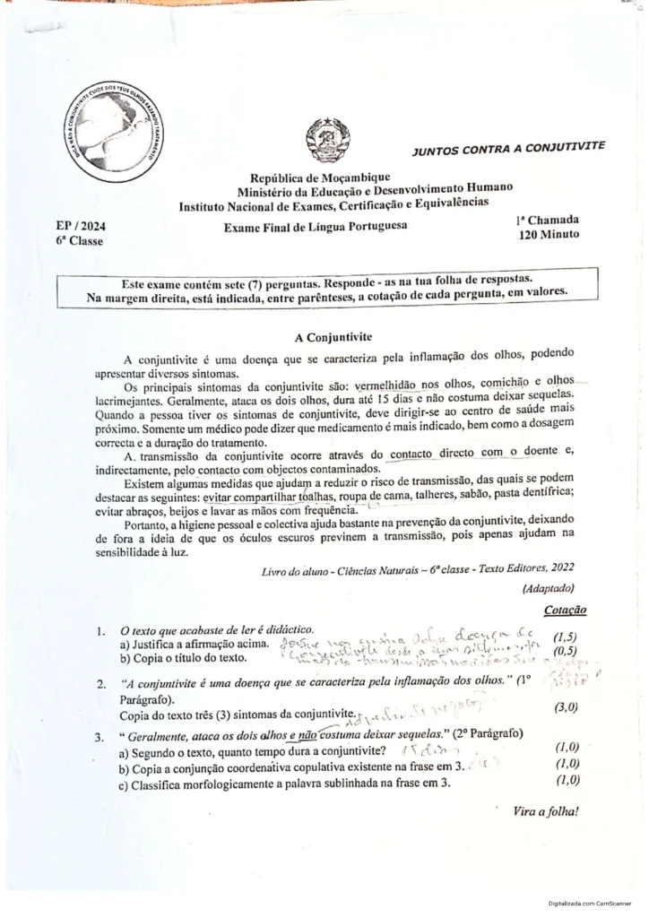 Exercícios do Exame de Português  6ª classe (2024) – 1ª Chamada