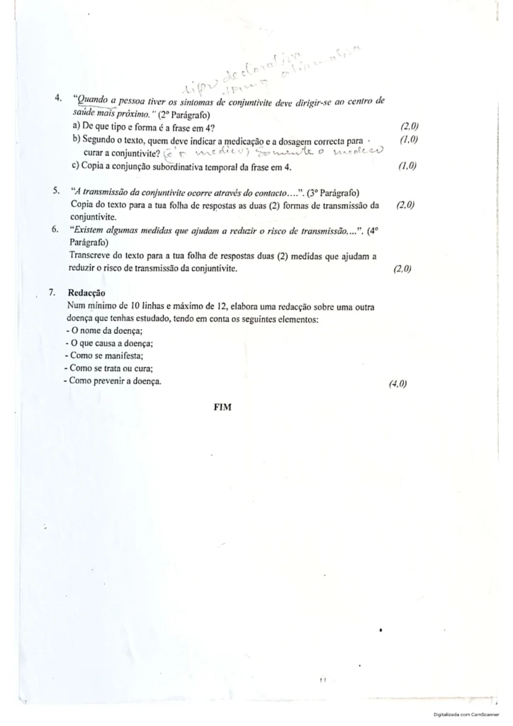 Exercícios do Exame de Português  6ª classe (2024) – 1ª Chamada