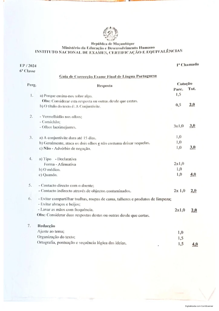 Resolução do Exame de Português  6ª classe (2024) – 1ª Chamada – Guião de Correção